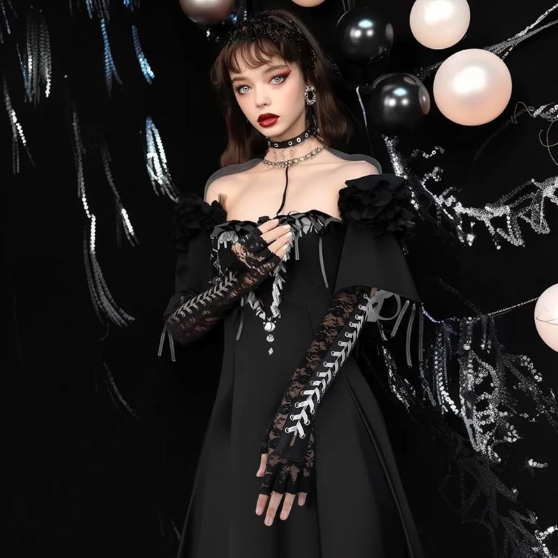 RainFlowwer Fingerless Gloves Steam Punk Goth Witch Long Elbow Arm Warmer Lace Sleeves for Costume Party Halloween Cosplay - Image 2